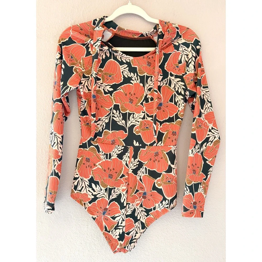 Seea Coral Floral Long Sleeve One-Piece Swimsuit - Black Background